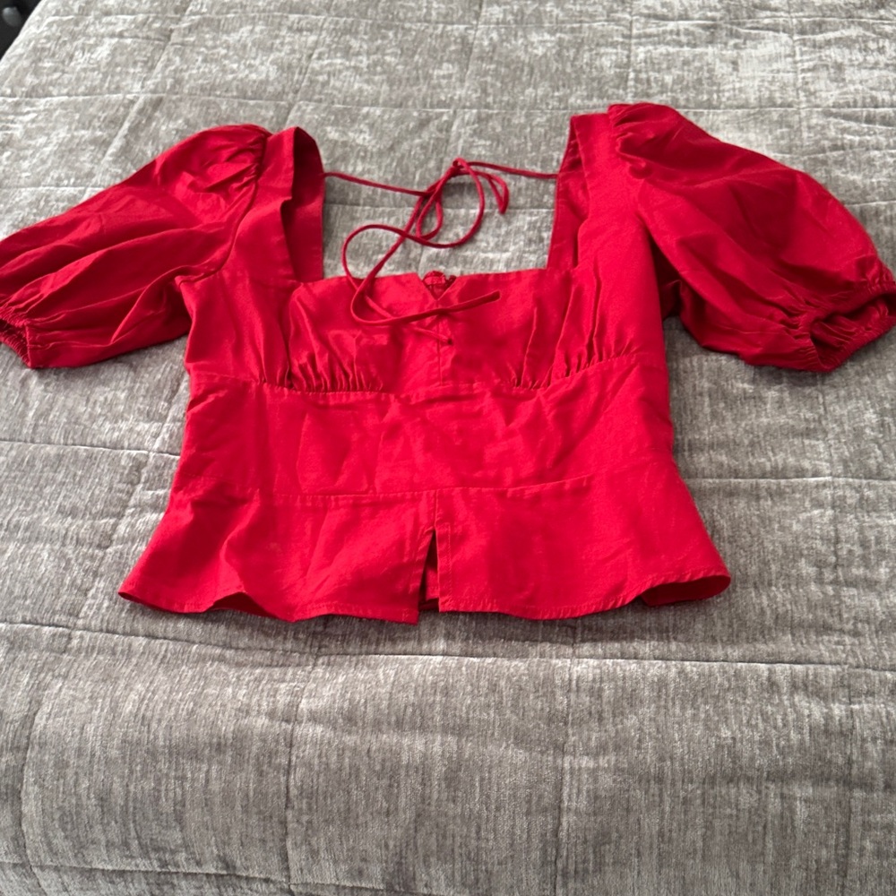 Reformation Red Puff Sleeve Square Neck Blouse